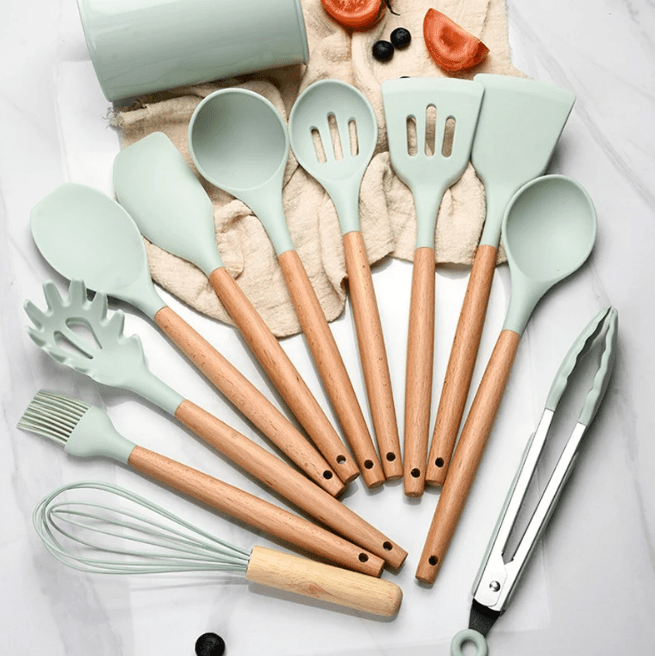 Premium Silicone Kitchen Utensils – Lattea Wooden Handle Set