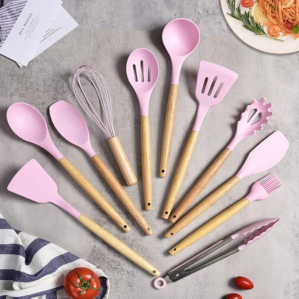 Premium Silicone Kitchen Utensils – Lattea Wooden Handle Set