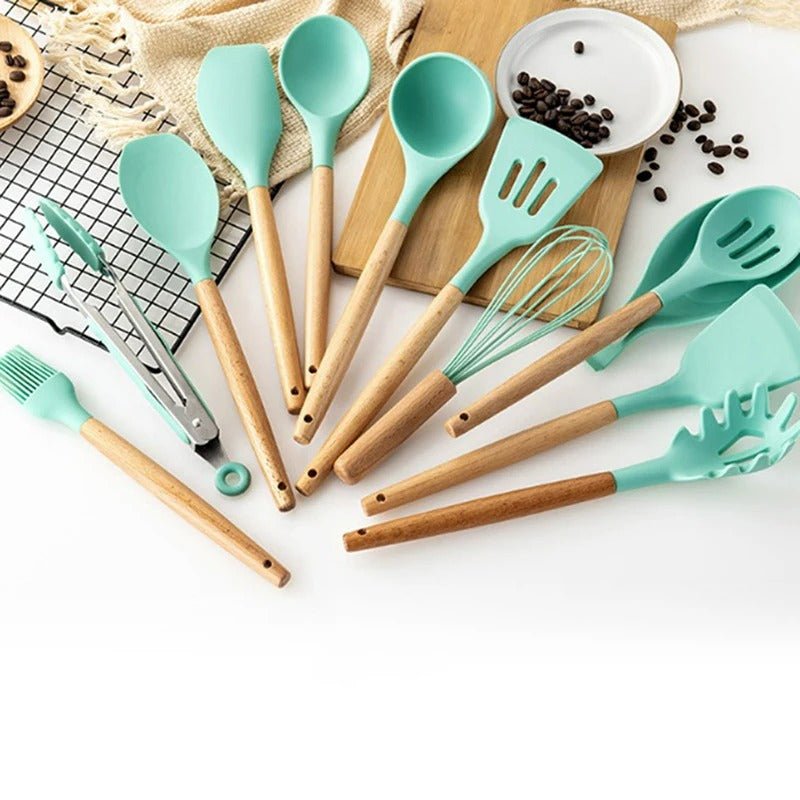 Premium Silicone Kitchen Utensils – Lattea Wooden Handle Set