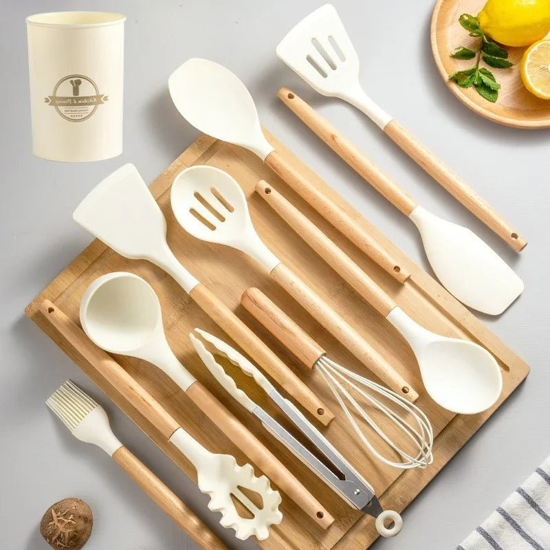 Premium Silicone Kitchen Utensils – Lattea Wooden Handle Set