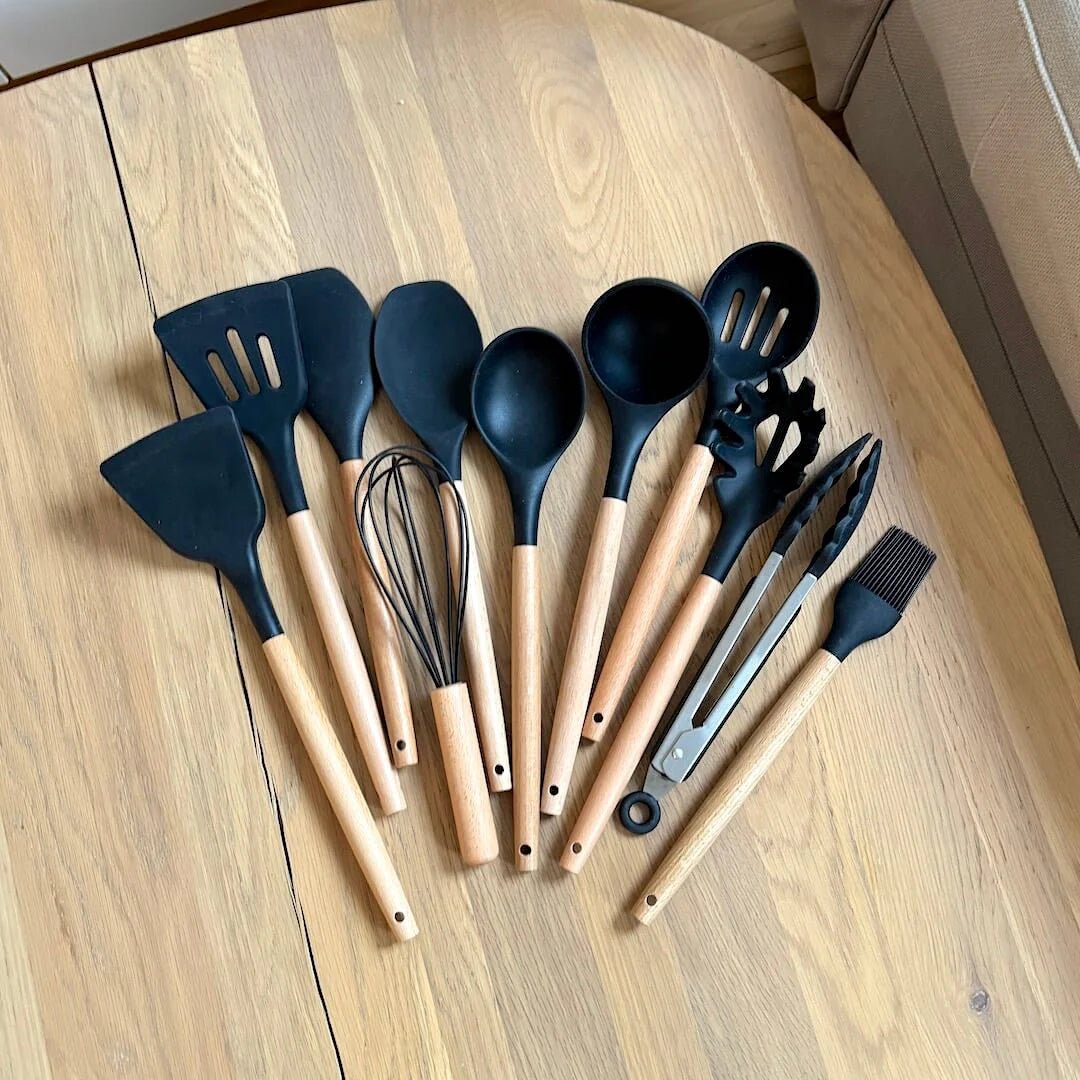 Premium Silicone Kitchen Utensils – Lattea Wooden Handle Set