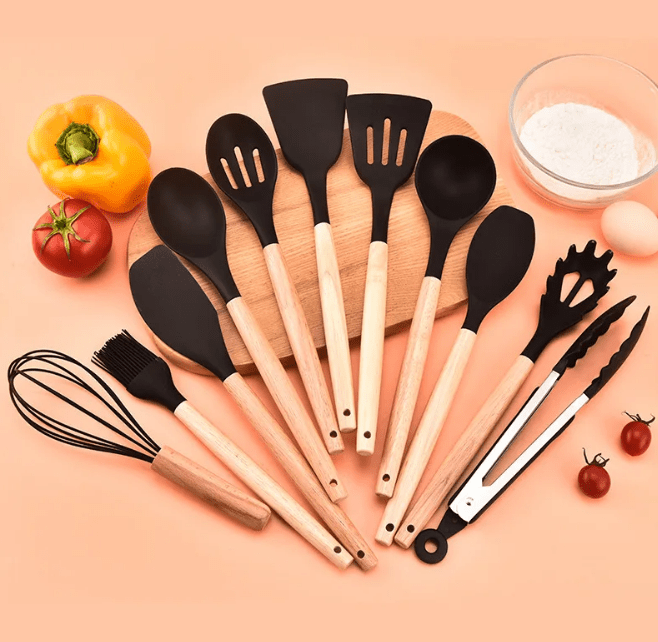 Premium Silicone Kitchen Utensils – Lattea Wooden Handle Set