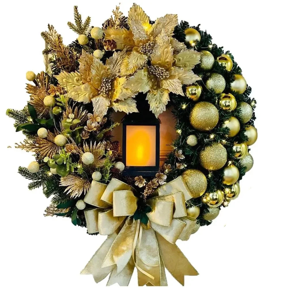 30cm Christmas Wreath with Lantern and Bow – Outdoor Front Door Decor 1