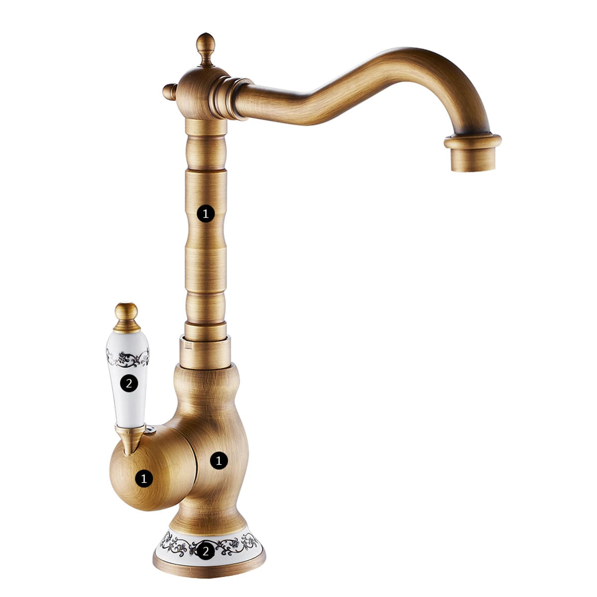 Antique Brass Kitchen Faucet with Ceramic Handle – 360° Rotating Spout 6