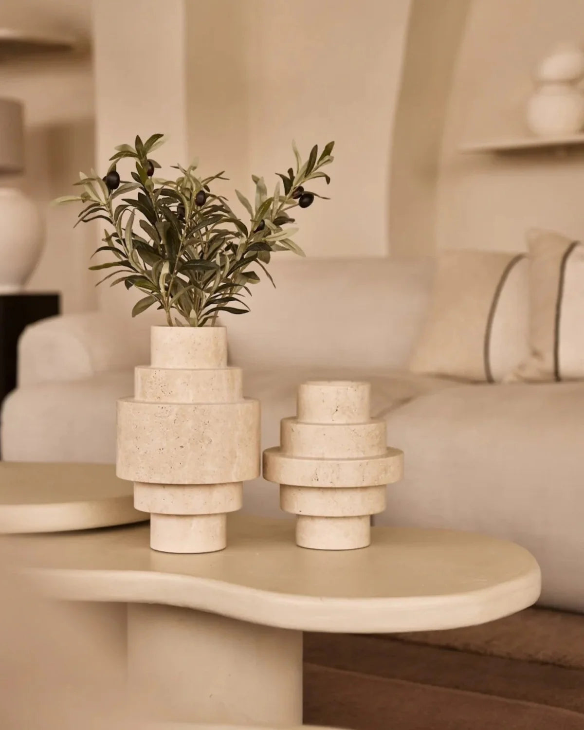 Beige Travertine Floor Vase – Geometric Modern Design