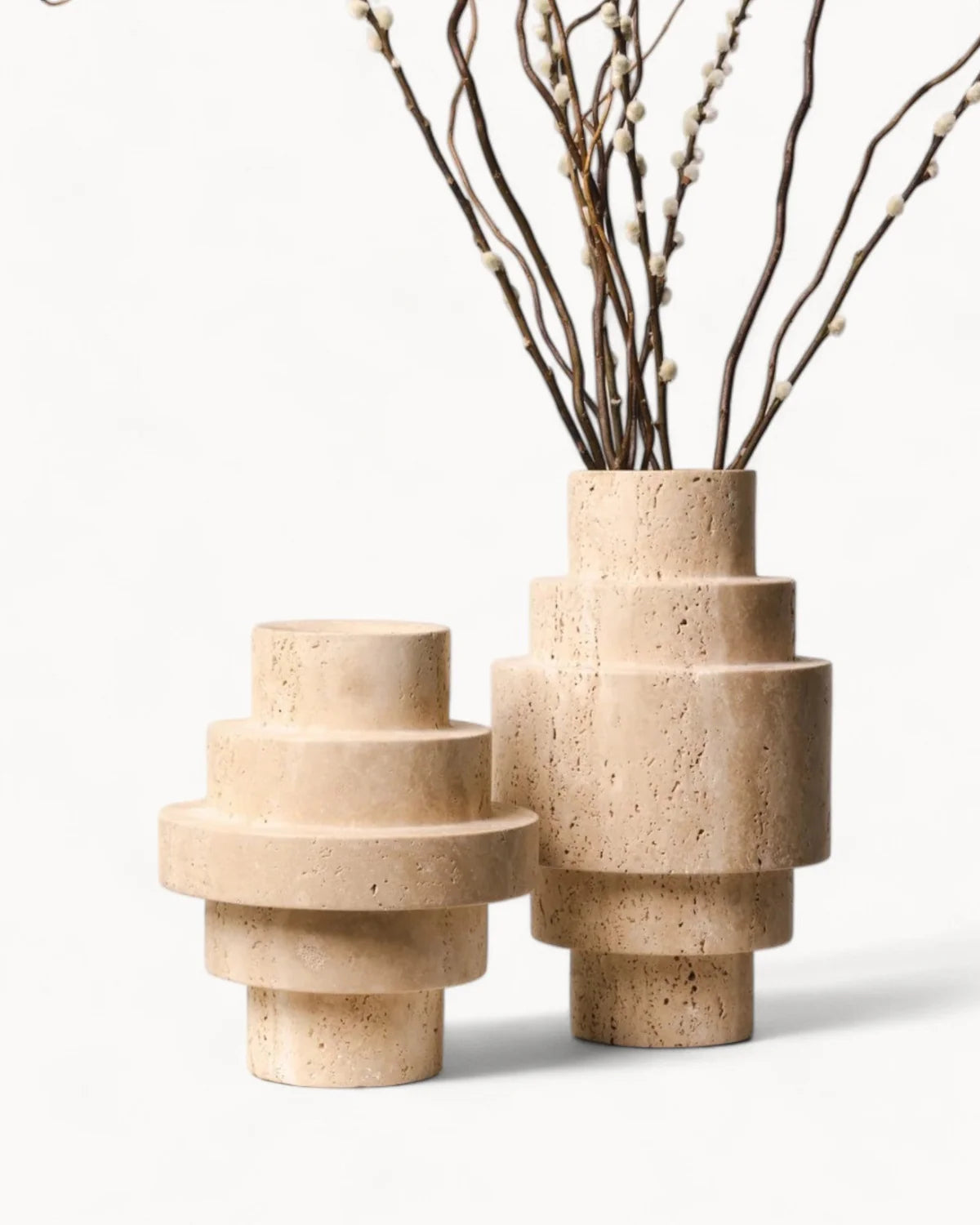 Beige Travertine Floor Vase – Geometric Modern Design