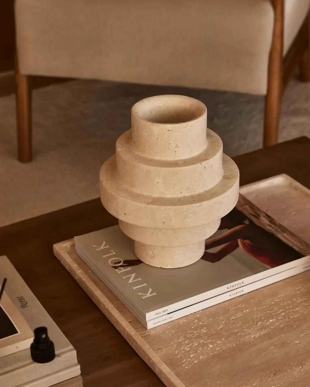 Beige Travertine Floor Vase – Geometric Modern Design