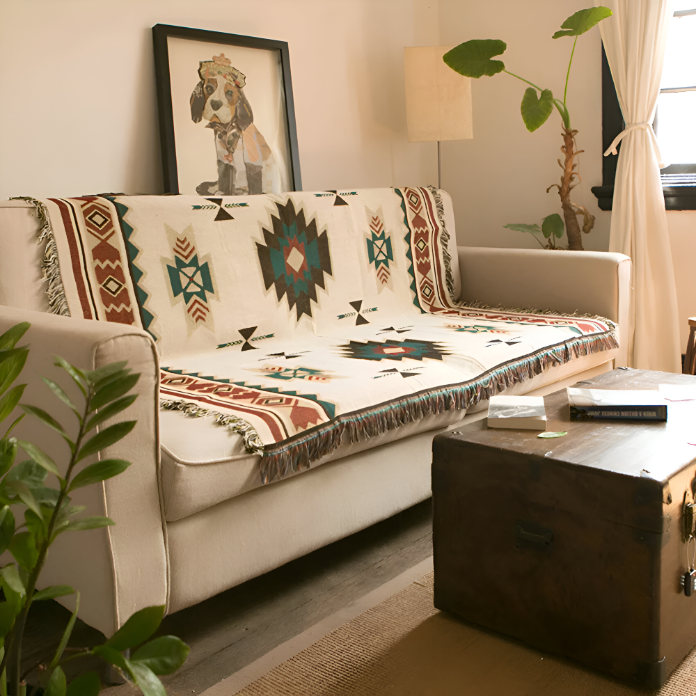 Stylish Bohemian Blanket Throw – Geometric & Tassel Accents