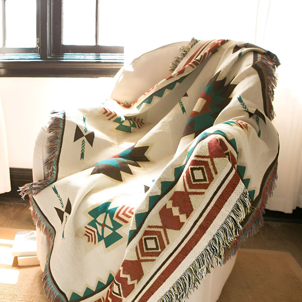 Stylish Bohemian Blanket Throw – Geometric & Tassel Accents