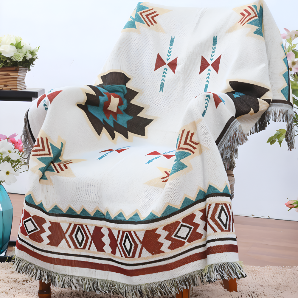 Stylish Bohemian Blanket Throw – Geometric & Tassel Accents
