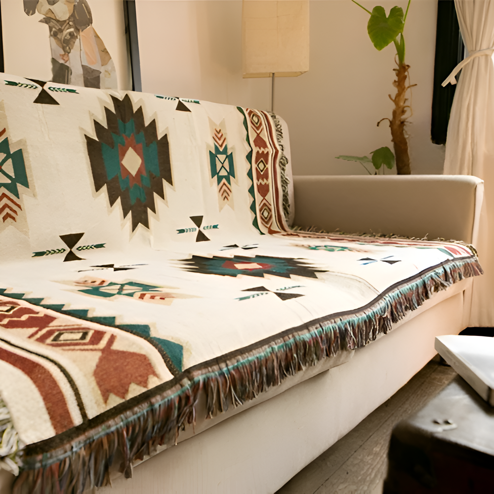 Stylish Bohemian Blanket Throw – Geometric & Tassel Accents