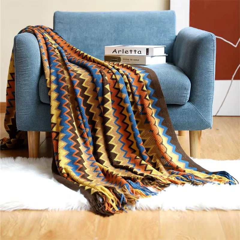 Boho Stripe Tassel Throw Blanket – Vibrant Texture, Effortless Style