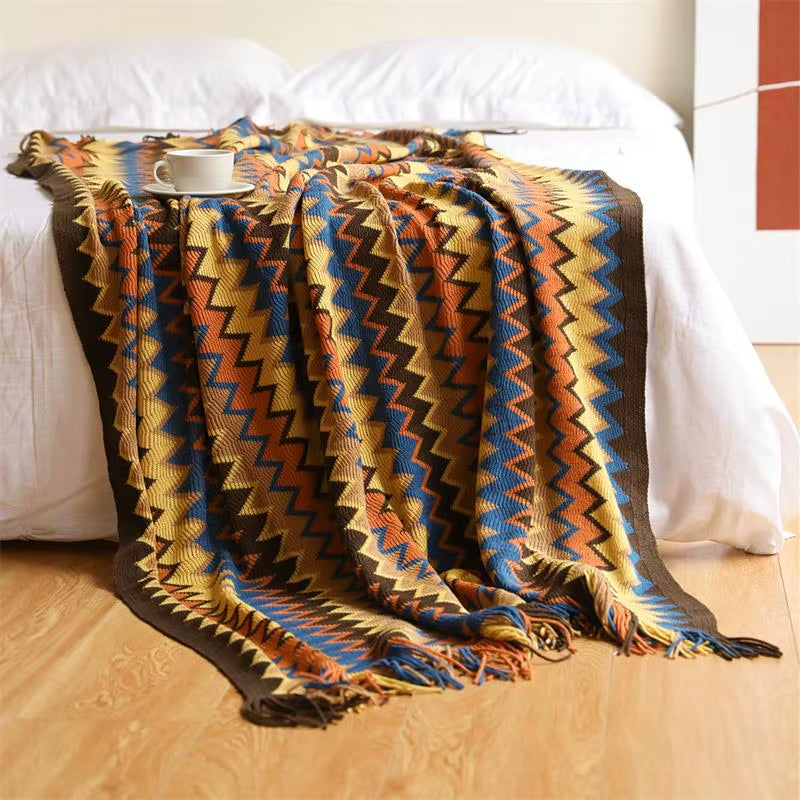 Boho Stripe Tassel Throw Blanket – Vibrant Texture, Effortless Style