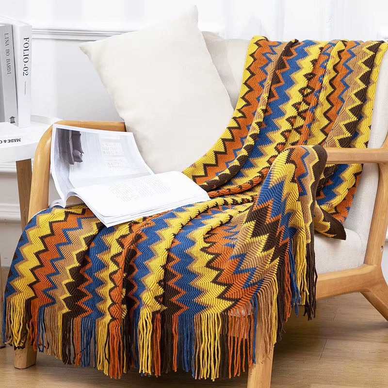 Boho Stripe Tassel Throw Blanket – Vibrant Texture, Effortless Style