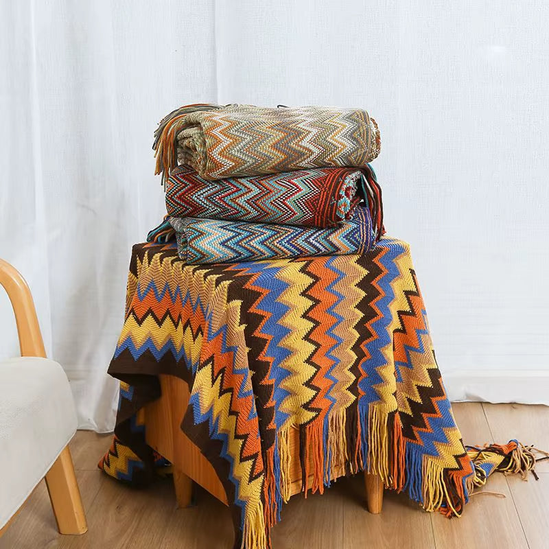 Boho Stripe Tassel Throw Blanket – Vibrant Texture, Effortless Style