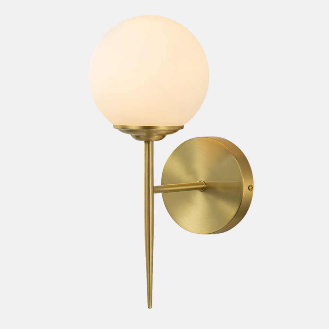 Mid-Century 1-Light Brass Frosted Glass Globe Wall Lamp