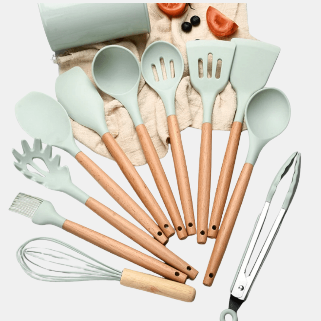 Premium Silicone Kitchen Utensils – Lattea Wooden Handle Set