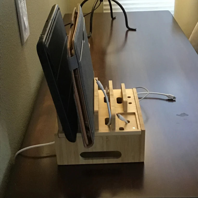 Bamboo Charging Station – 5-Port USB & All-in-One Organizer