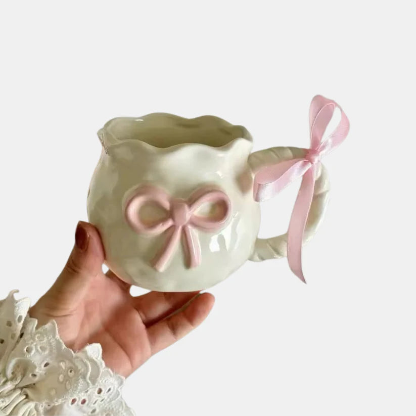 Handmade Coquette Ceramic Cup – Irregular Pink Bow in Ceramic