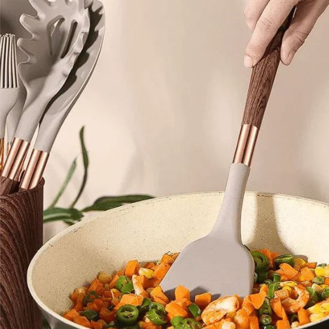 Kitchen Utensil Set – Non-Stick Cooking Tools with Wooden Handle Design