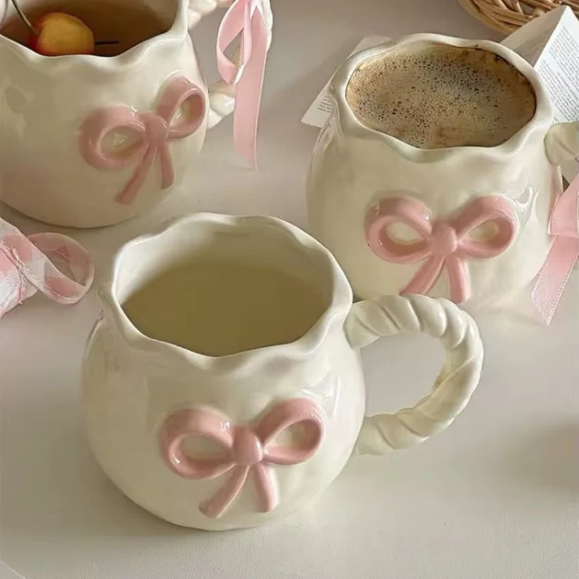 Handmade Coquette Ceramic Cup – Irregular Pink Bow in Ceramic