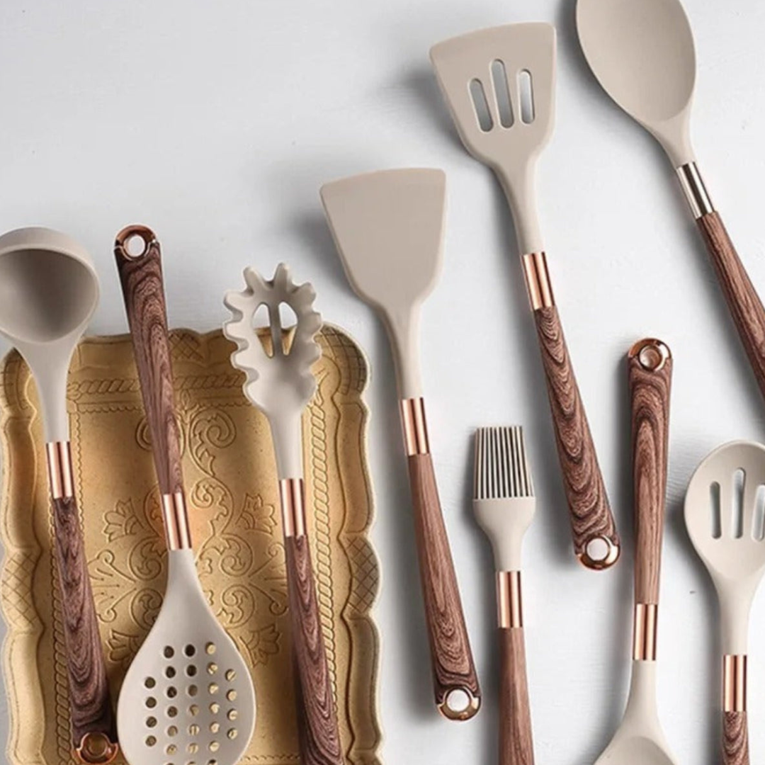 Kitchen Utensil Set – Non-Stick Cooking Tools with Wooden Handle Design