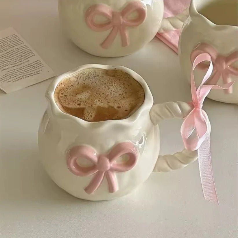 Handmade Coquette Ceramic Cup – Irregular Pink Bow in Ceramic