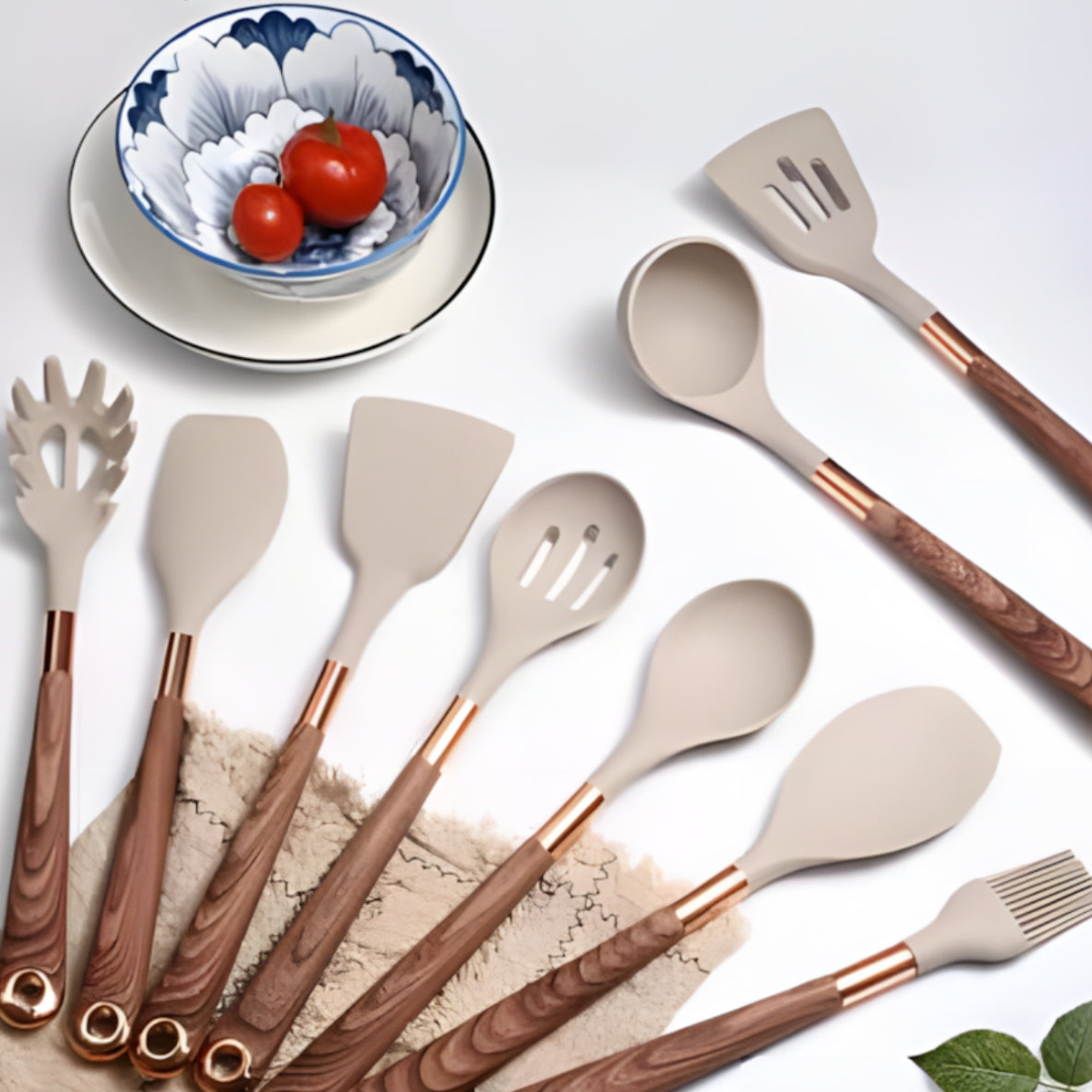 Kitchen Utensil Set – Non-Stick Cooking Tools with Wooden Handle Design