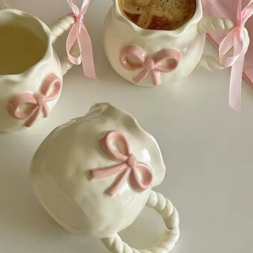 Handmade Coquette Ceramic Cup – Irregular Pink Bow in Ceramic
