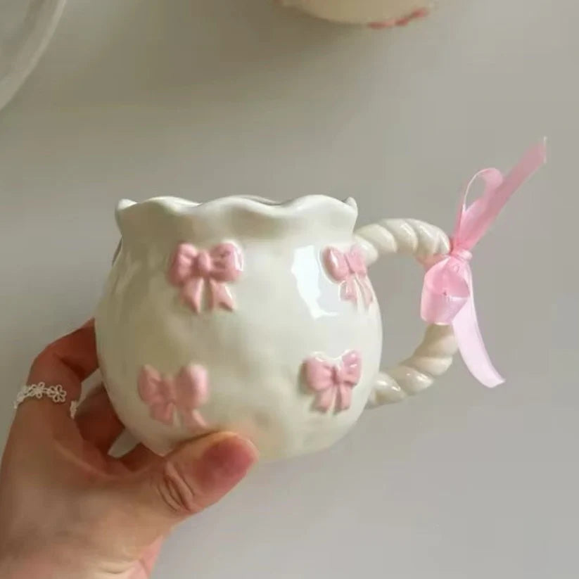 Handmade Coquette Ceramic Cup – Irregular Pink Bow in Ceramic