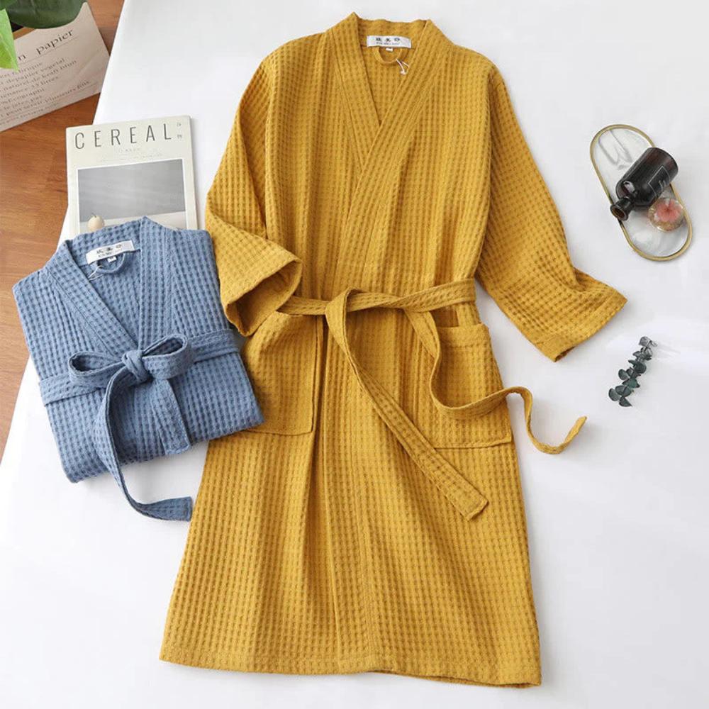 Cotton Waffle Bathrobe with V-Neck – Lightweight Spa Robe for Men and Women 3