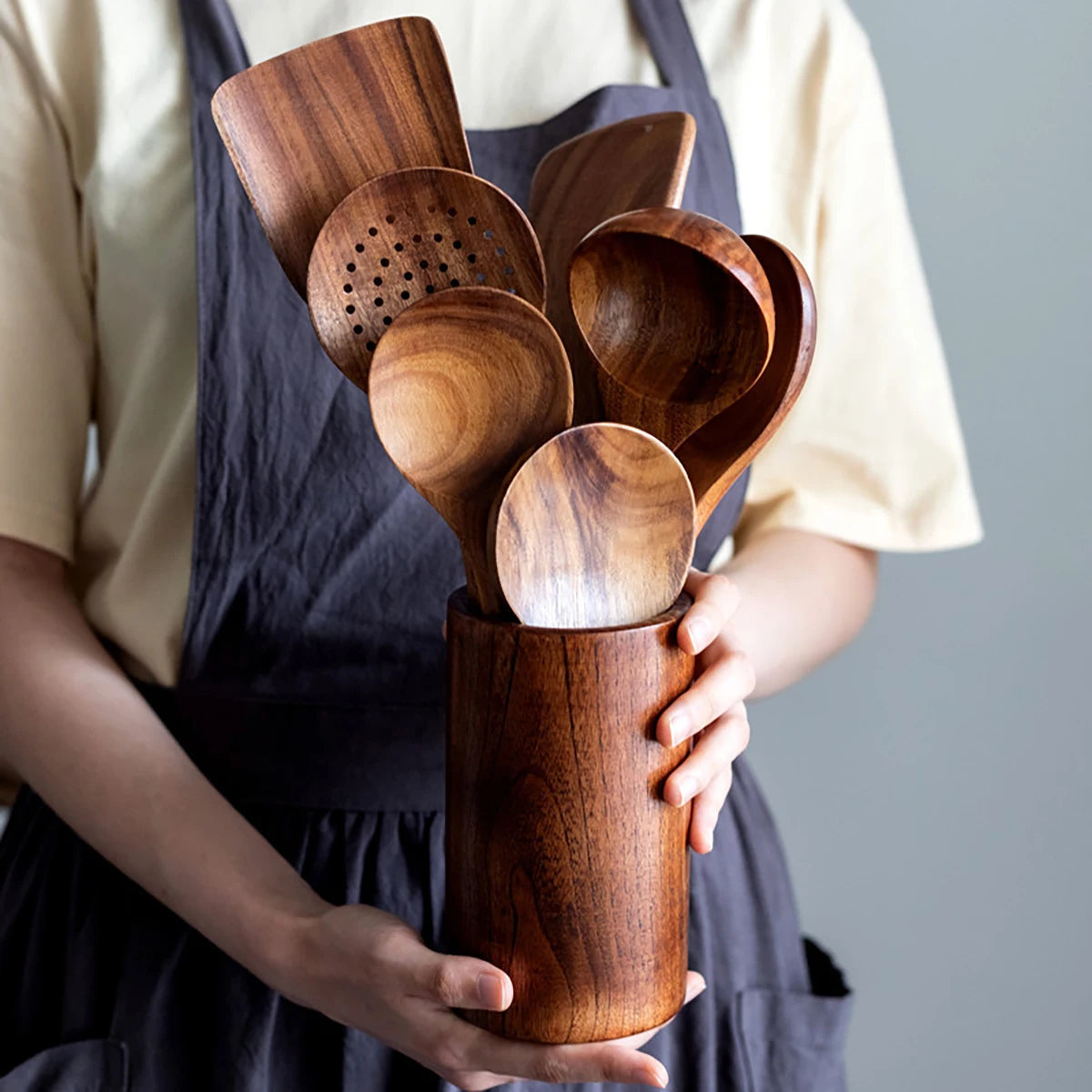Eco-Friendly Wooden Kitchen Utensil Set with Organizer – Essential Cooking Tools 1