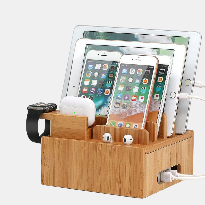 Bamboo Charging Station – 5-Port USB & All-in-One Organizer