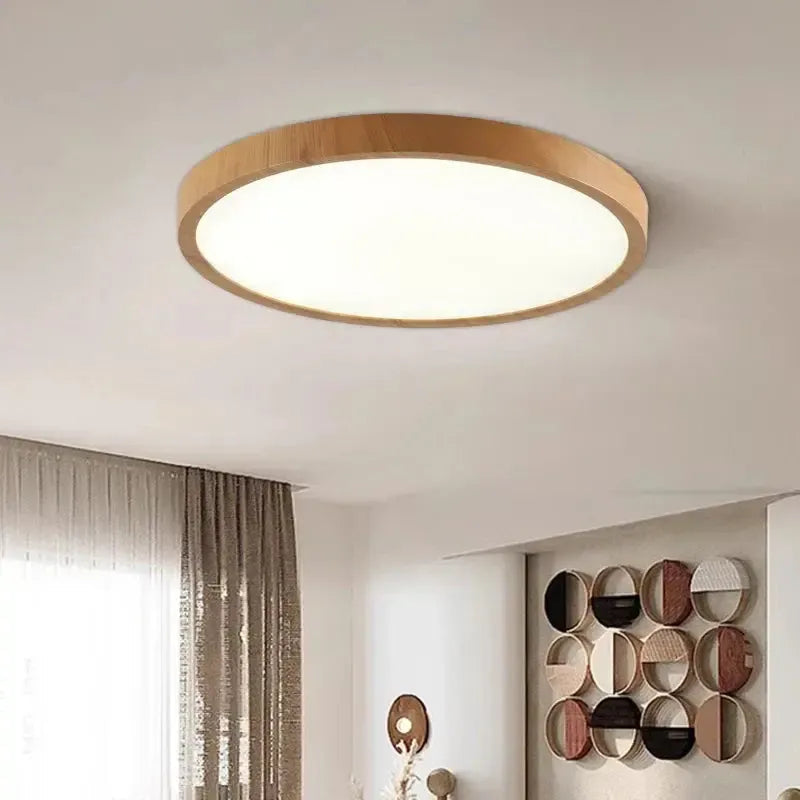 Flush Mount Ceiling Light with Wooden Finish – Modern LED Fixture for Low Ceilings