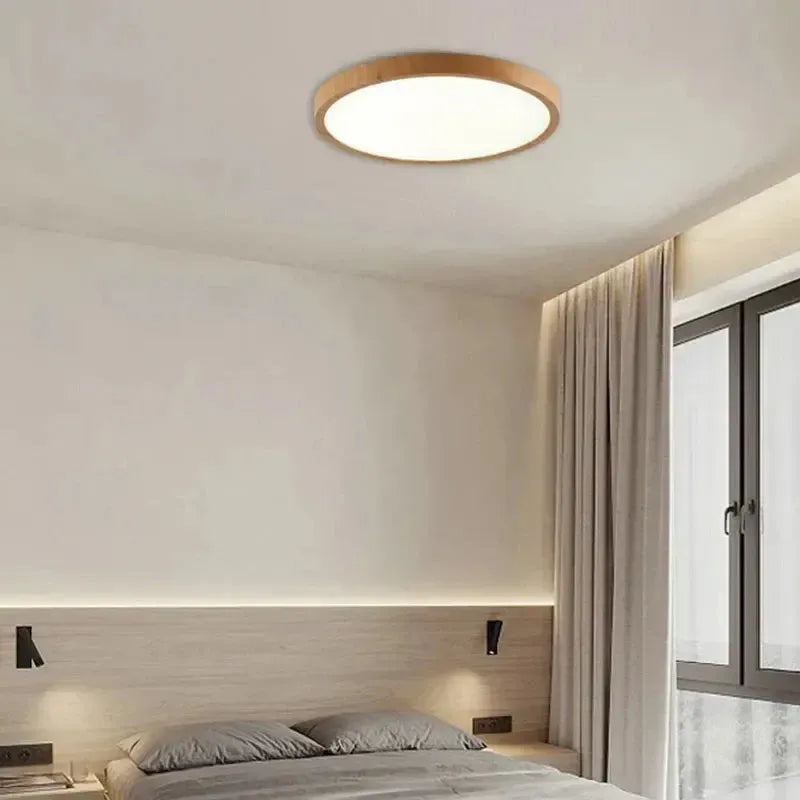 Flush Mount Ceiling Light with Wooden Finish – Modern LED Fixture for Low Ceilings