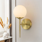 Mid-Century 1-Light Brass Frosted Glass Globe Wall Lamp