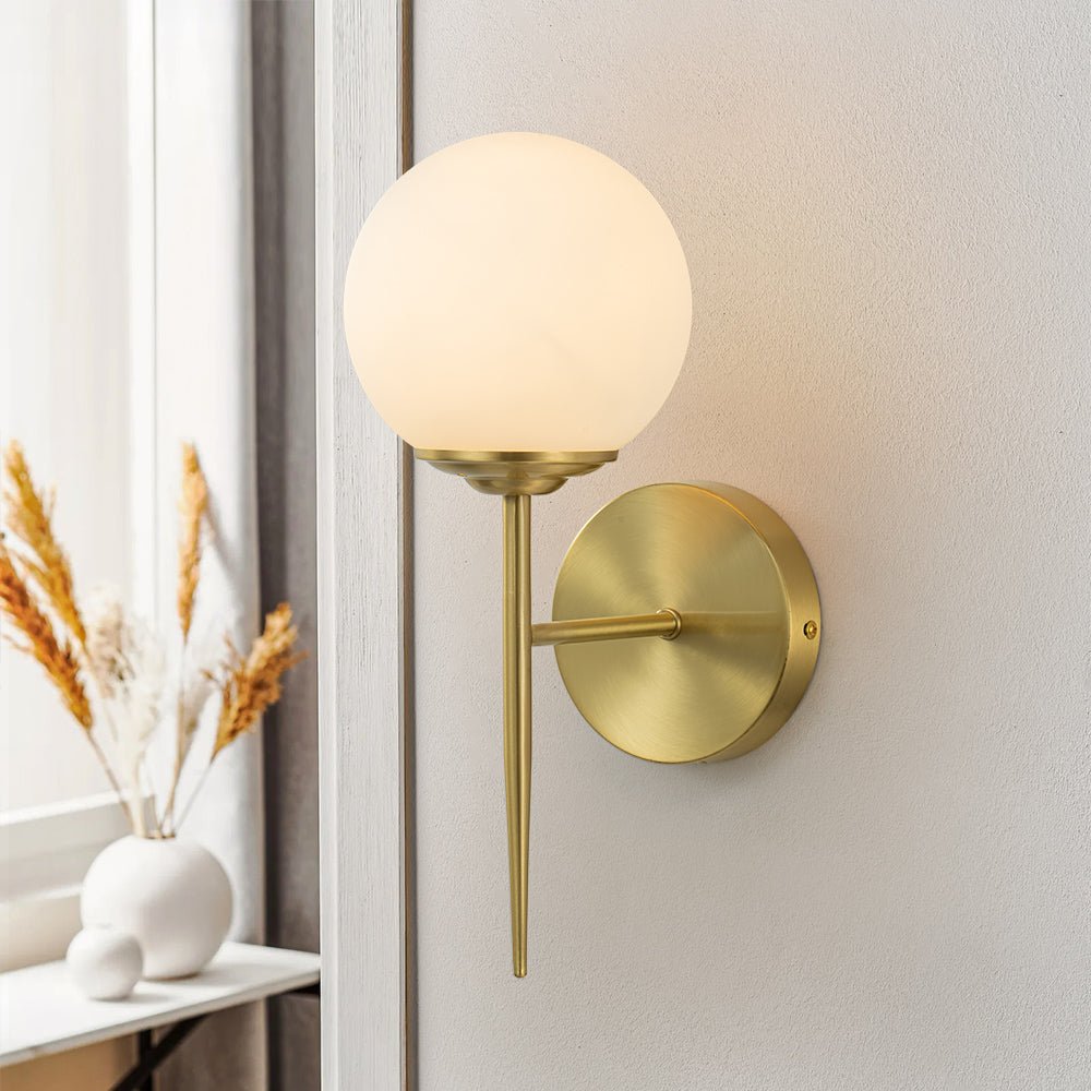 Mid-Century 1-Light Brass Frosted Glass Globe Wall Lamp