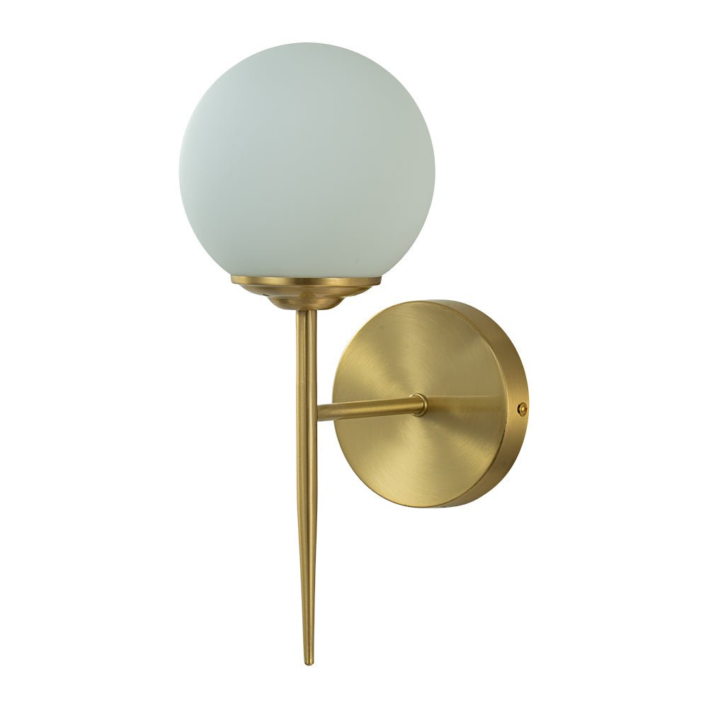 Mid-Century 1-Light Brass Frosted Glass Globe Wall Lamp