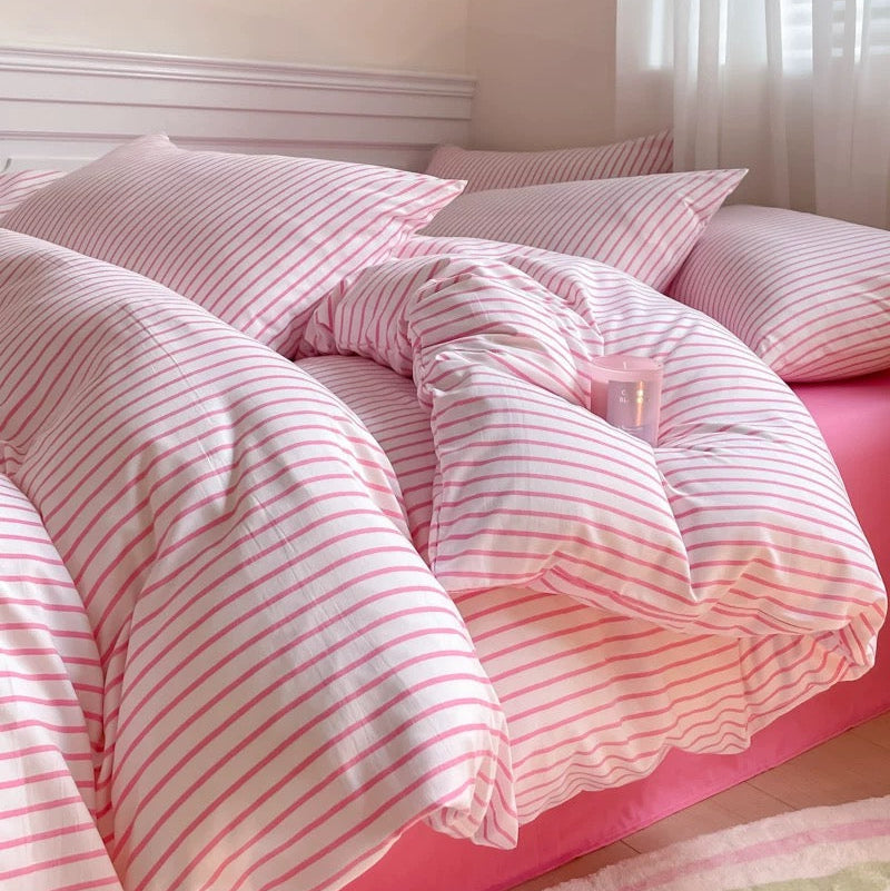 Pink Striped Bedding Set – Cozy Cotton Duvet Covers for Aesthetic Bedrooms