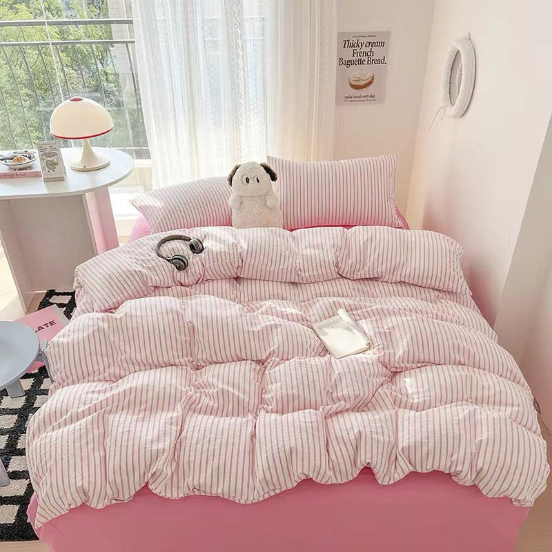 Pink Striped Bedding Set – Cozy Cotton Duvet Covers for Aesthetic Bedrooms