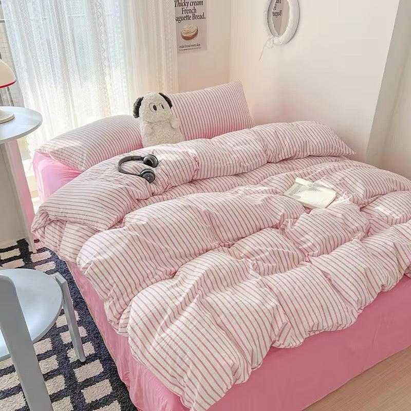 Pink Striped Bedding Set – Cozy Cotton Duvet Covers for Aesthetic Bedrooms