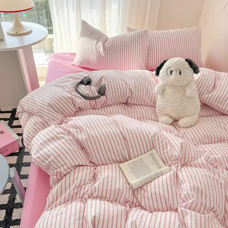Pink Striped Bedding Set – Cozy Cotton Duvet Covers for Aesthetic Bedrooms