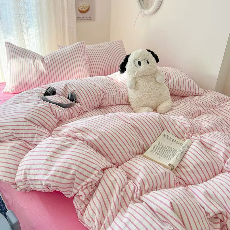 Pink Striped Bedding Set – Cozy Cotton Duvet Covers for Aesthetic Bedrooms