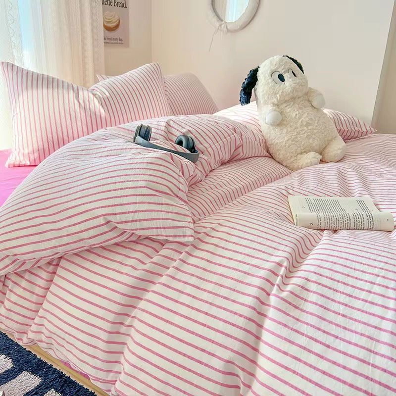 Pink Striped Bedding Set – Cozy Cotton Duvet Covers for Aesthetic Bedrooms