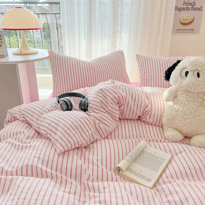 Pink Striped Bedding Set – Cozy Cotton Duvet Covers for Aesthetic Bedrooms