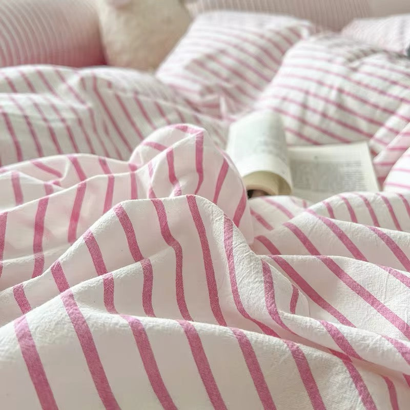 Pink Striped Bedding Set – Cozy Cotton Duvet Covers for Aesthetic Bedrooms