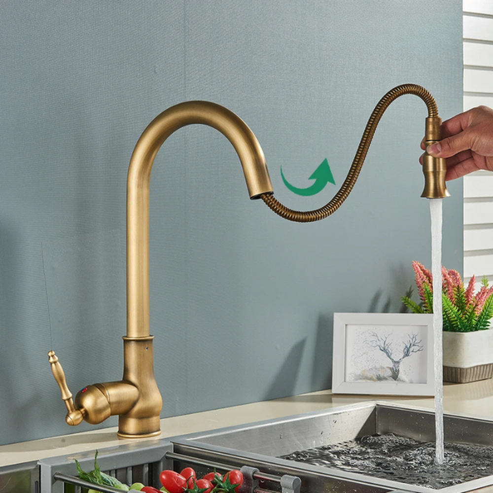 Timeless Antique Brass Kitchen Faucet – Vintage Style with Modern Functionality