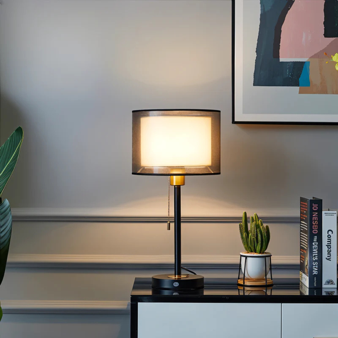 Vintage Table Lamp with Double Fabric Shade – Elegant Bedroom or Living Room Light 2