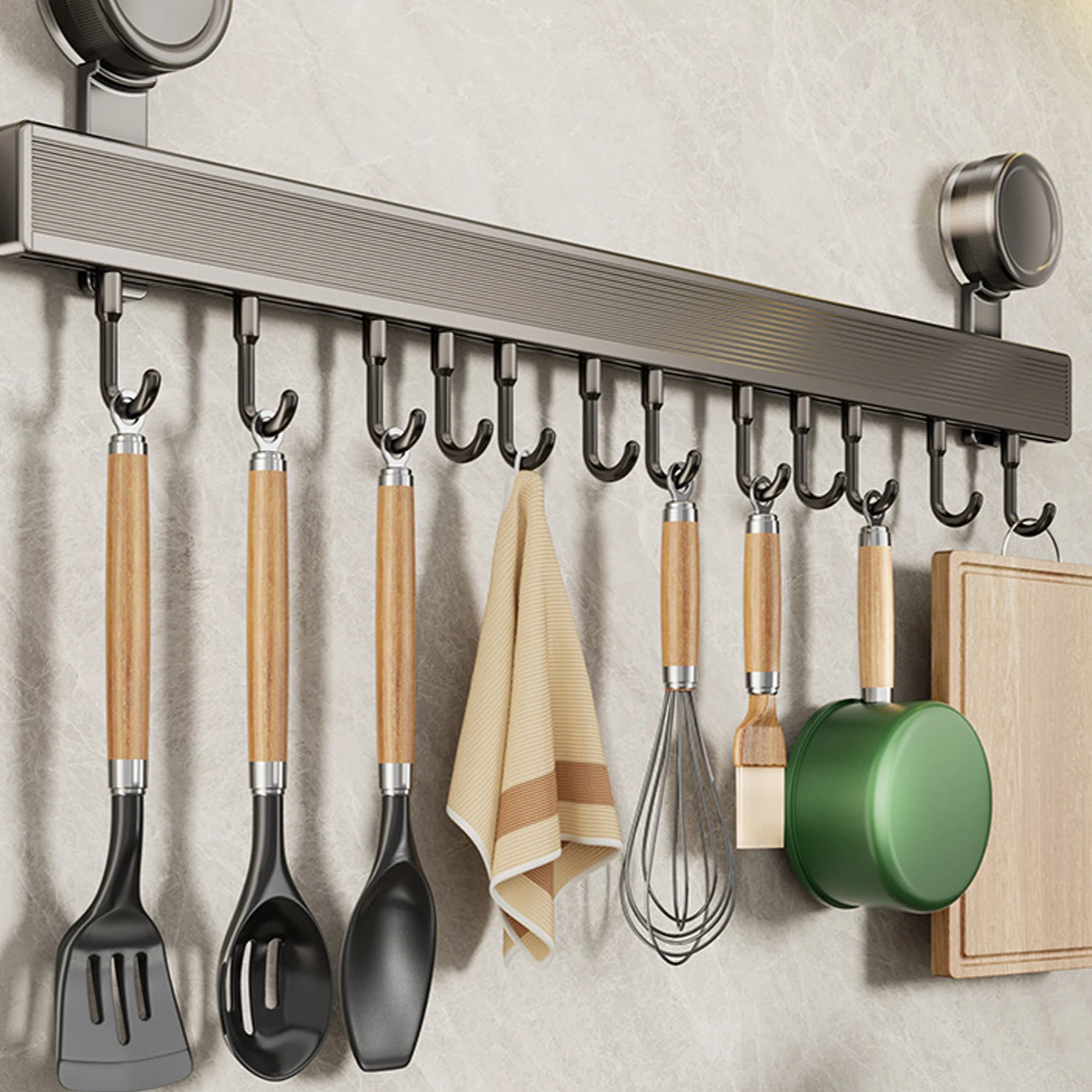 Wall-Mounted Kitchen Rack with Utensil Holder – No-Drill Organizer Rail 1