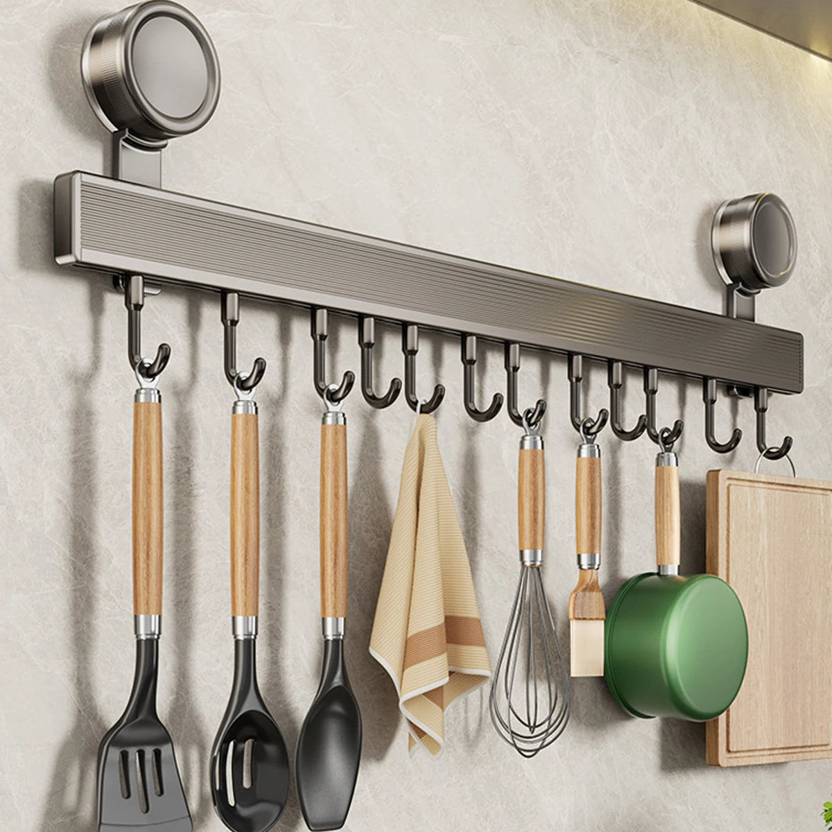 Wall-Mounted Kitchen Rack with Utensil Holder – No-Drill Organizer Rail 7